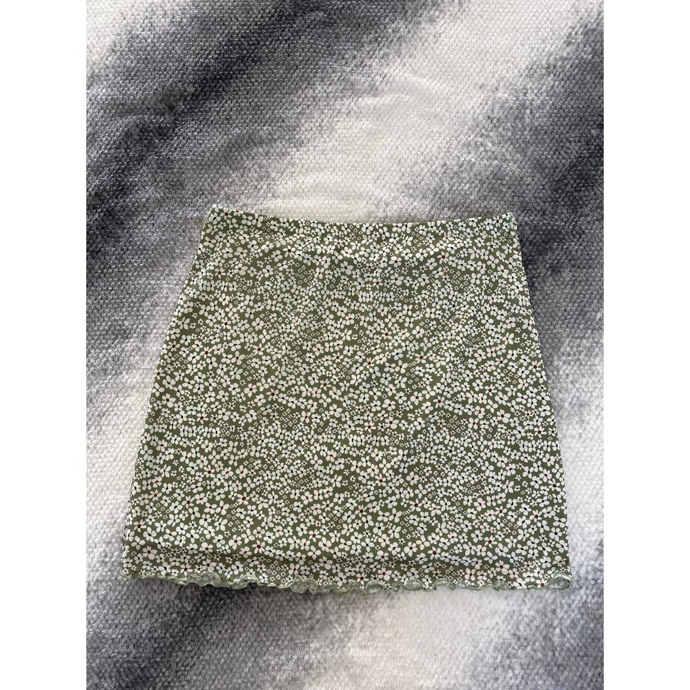 Shein Green Floral Print Lettuce Trim Mesh Bodycon Lined High Waist Skirt Large